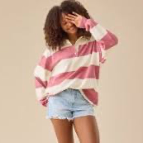 Altar'd State Landon Rugby Stripe Polo Blue/Ivory Roomy Relaxed fit, Sz M/L - Picture 14 of 15